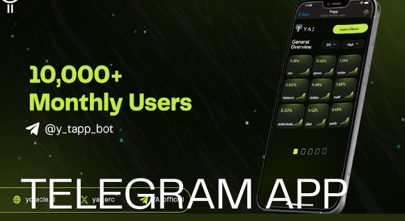 Telegram app interface showing 10,000+ monthly users and mobile trading interface